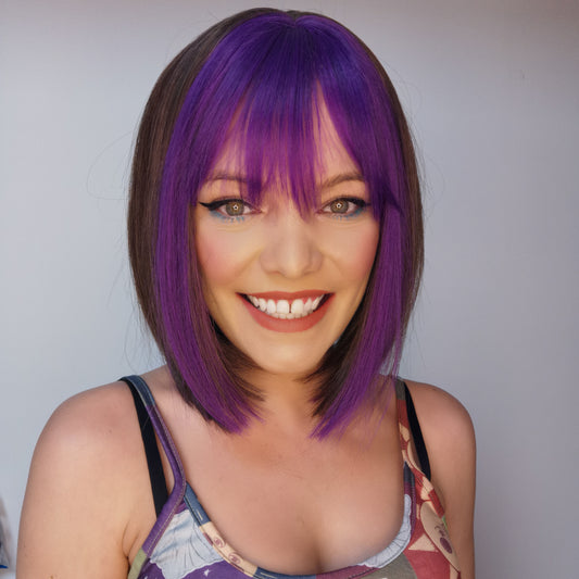The Purple One Brown and purple short straight synthetic wig.