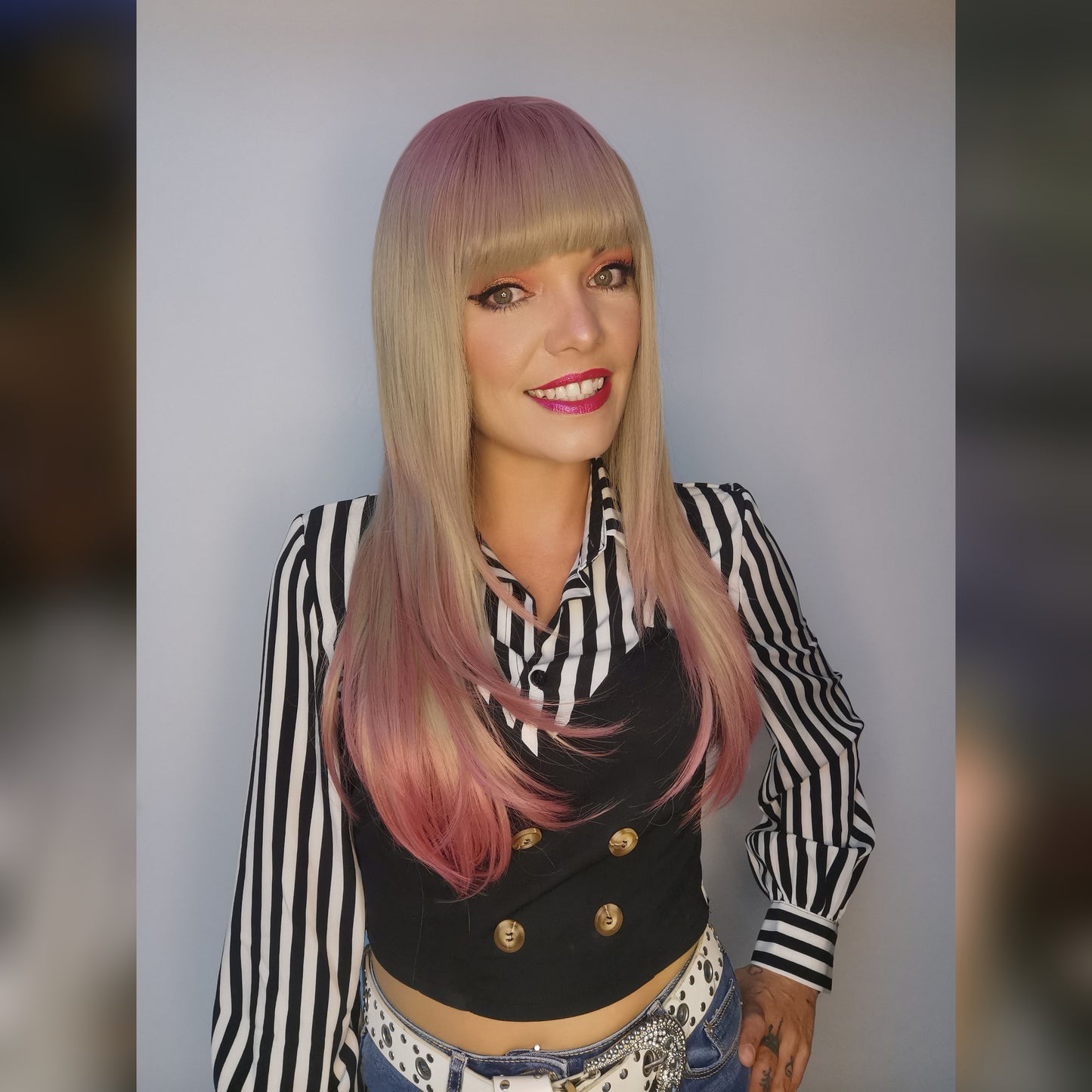 Flamingo pink and blonde long straight wig