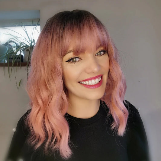 Sweetheart Pink Rooted Synthetic Wavy Wig - Keshleysheadshop